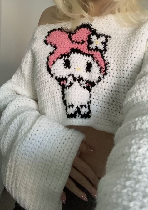 My Melody Sweater, Crochet For Table, Crochet My Melody, Plushies Hello Kitty, My Melody Crochet, Sanrio Crochet, Easy Crochet Ideas, Crochet Hello Kitty, Sanrio Plushies