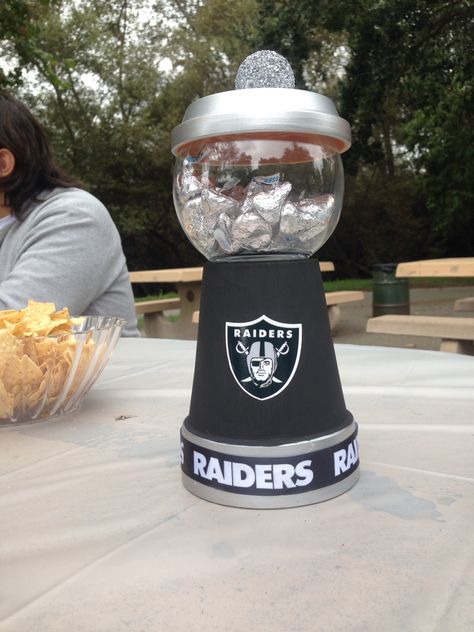 Oakland Raiders Candy Dispenser Custom Tables, Party Crafts, Birthday Party Crafts, Candy Dispenser, Candy Jar, Oakland Raiders, Candy Jars, Custom Table, Snow Globes