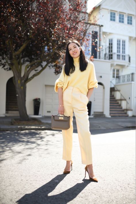 Yellow workwear! #wintersweater #trousers #monochromaticoutfit #businesscasual #casualfriday #pumps Follow my shop @9to5chic on the @shop.LTK app to shop this post and get my exclusive app-only content! #liketkit #LTKsalealert #LTKSeasonal #LTKworkwear @shop.ltk https://liketk.it/4nlqE Yellow Beige Outfit, Pale Yellow Pants Outfit, Yellow Jumper Outfit, Yellow Trousers Outfit, Yellow Pants Outfit, Work Wear Spring, Yellow Jumper, Winter Palette, Outfit Office