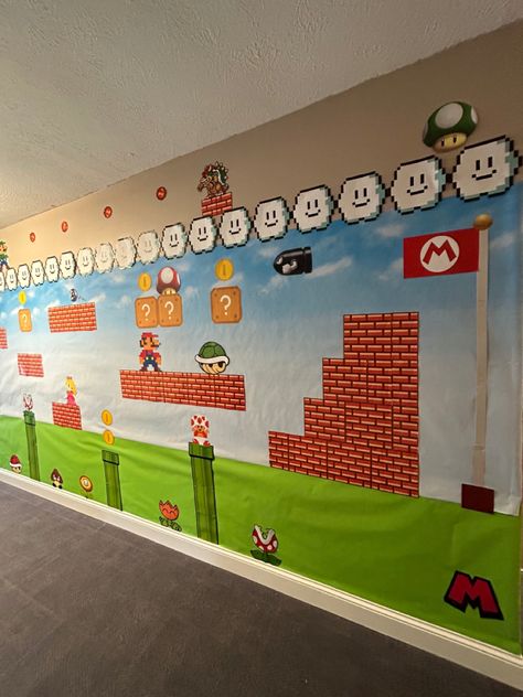 We created this wall decor for the 2023 Vacation Bible School theme Twists and Turns Mario Vbs, Vbs Twists And Turns, Super Mario Room, Teacher Door Decorations, Mario Room, 2023 Vacation, Vacation Bible School Themes, Halloween Office, Mario Bros Party