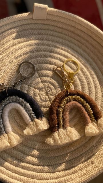 Rooted on Instagram: "Let’s make a Rainbow keychain ✨🤍 #macrame #macramelove #rootwithus #rootwithusinegypt🇪🇬 #gifts #giftsforher #giftsforhim #shopsmall #shoplocal #smallbusiness #smallbusinessowner #supportsmallbusiness #packanorderwithme #asmr" Macrame Rainbow Keychain, Keychain Favors, Boho Bag Charm, Rainbow Pendant, Skeleton Sticker, Rainbow Macrame, Boho Keychain, Rainbow Keychain, Macrame Rainbow