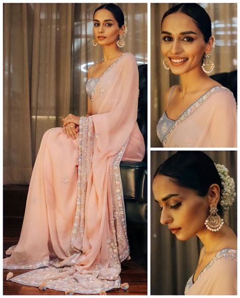 Manushi Chiller In Saree, Peach Saree Look, Sarees For Convocation Ceremony, Manushi Chiller, Peach Color Saree, Saree Organza, Peach Saree, Indian Outfits Lehenga, Indian Fashion Trends