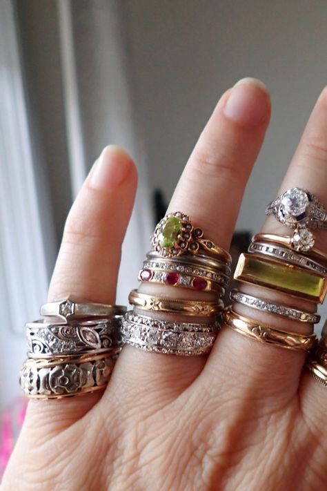 Maximalist Ring Stack, Vintage Ring Stack, Gold And Silver Rings Mixed, Mixed Metal Earring Stack, Mixed Metal Ring Stack, Mixed Metals Rings, Mixed Metal Wedding Rings Stack, Eclectic Rings, Jenna Core