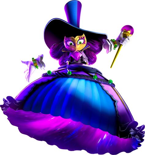 Grape, also referred to as Madame Grape is the main antagonist/villain of Princess Peach: Showtime!. Madame Grape has long purple-ish blue curly hair. A golden mask covers her face, and she has a blue hat and a dress with a poofy skirt and a gem on the bodice. She carries a golden staff that gives her various powers. Whether she has legs or not has yet to be revealed, as she moves by floating around. Along with her minions in the Sour Bunch, Grape invades Sparkle Theater while Princess Peach ... Witch Princess Peach, Trapped Princess, Grape Character, Princess Peach Showtime, Moon Drop Grapes, Wallpaper Nintendo, Mario Party 7, Princess Amethyst Dc, Blue Curly Hair