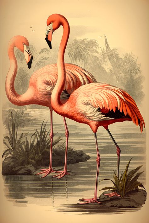 Vintage Flamingo Print, Vintage Flamingo Art, Flamingo Poster Design, Vintage Flamingo Illustration, Flamingo Illustration Graphics, Flamingos Art Illustration, Flamingo Images, Flamingo Drawing, Flamingo Vintage