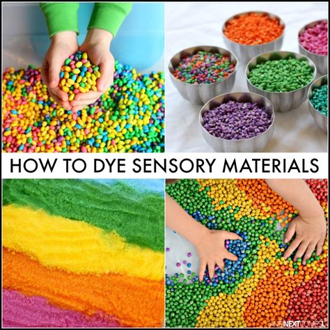 Rainbow sensory play guide: how to dye sensory bin fillers from oats to rice to salt from And Next Comes L Sensory Resources, Dye Rice, Sensory Bin Fillers, Sensory Materials, Rainbow Sensory, Kids Sensory Play, Reception Class, Sensory Tubs, Sensory Tub