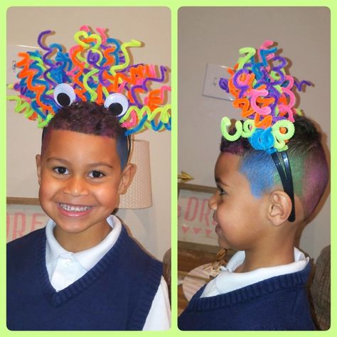 Crazy hair day for my little boy! I just not a double row headband from Walmart, twisted pipe cleaners around the headband and glued eyes. And that's just eyeshadow on his hair. #crazyhair #crazyhairday #boyhair #crazyhairdayboy Crazy Hair For Boys With Short Hair, Crazy Hair Day Headbands, Embeleco Day Ideas For Boys, Crazy Hair Day At School For Boys, Kids Crazy Hair Day Ideas Boys, Crazy Hair Day At School For Boys Easy, Crazy Hair Day Ideas For Boys, Crazy Hair Day For Adults, Wacky Hair Day Ideas For Boys