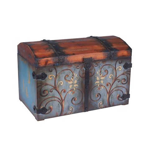 "Shop the Household Essentials Vintage Metal Decorative Trunk at Michaels. com. This large decorative trunk will provide you with versatile storage options that will brighten up any room. The antique stylized exterior and durability are perfect for storing all types of items in any room. Its handmade qualities will help pull the room together by adding a warm and homey feeling. Chinese fir wood and engineered wood detailing come together to create this elegant trunk. With a warm-toned lid and vi Camp Trunks, Home Yoga Room, Decorative Trunks, Vintage Trunk, Blue Bed, Coffee Table Trunk, Storage Trunks, Vintage Trunks, Storage Trunk