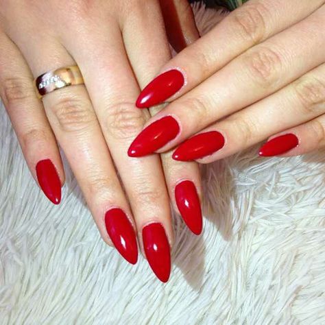 Classic Red Nails Almond, Short Red Stiletto Nails, Red Stiletto Nails Short, Acrylic Nails Dark Red, Red Almond Acrylic, Red Almond Shaped Nails, Hot Red Nails, Nails Dark Red, Trending Acrylic Nails