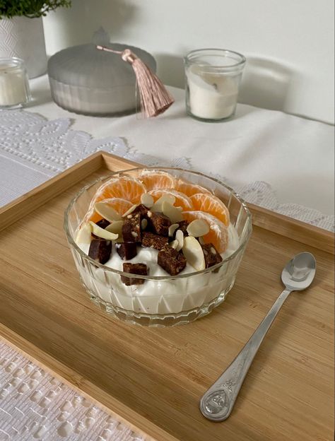 Greek Breakfast Aesthetic, Greek Yogurt Aesthetic, Orange Yogurt Bowl, Yogurt Bowl Inspiration, Yogurt Bowls Aesthetic, Yogurt Aesthetics, Aesthetic Yogurt Bowls, Yogurt With Fruit Aesthetic, Orange Yogurt