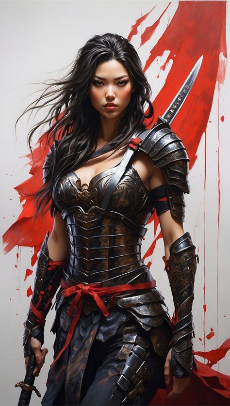 A sleek, modern katana-wielding heroine gazes confidently into the distance, her slim figure exuding strength and determination. This captivating image, depicted in a hyper-realistic painting, showcases her dynamic stance and heroic aura. Every detail, frtom the intricate design of her armor to the precision of her weapon, is rendered with stunning clarity. The vibrant colors and sharp contrasts elevate this image to a masterpiece, evoking a sense of modern valor and prowess. Lady Samurai, Female Samurai Art, Cosplay League Of Legends, Female Samurai, Afro Samurai, Warrior Concept Art, Chinese Warrior, Hyper Realistic Paintings, Japanese Art Prints