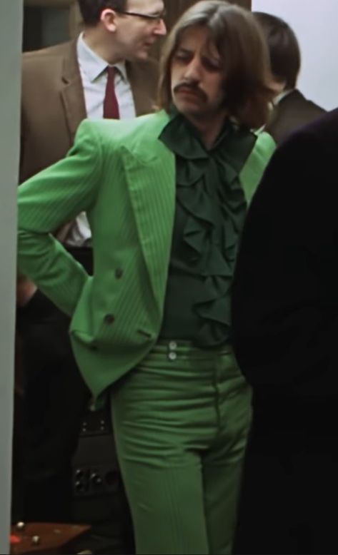 picture of ringo starr, formerly of rock band the beatles, in a green suit. the jacket and trousers are a lighter shade of green, the frilled shirt being darker. the image is taken from the teaser video from the 'get back' documentary coming out august 27th, 2021. The Beatles Fashion, Beatles Fashion, Ringo Star, Danny Green, My Future Husband, Beatles Ringo, Green Suit, The Fab Four, I'm With The Band