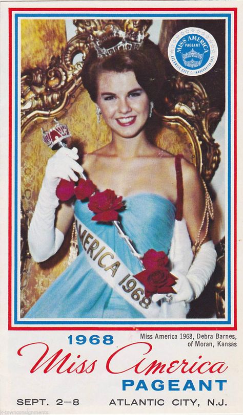 Miss America 1968 Debra Dene Barnes (Kansas) cover page of Atlantic City Brochure for 1968 Miss America Pageant 1980s Beauty Pageant, Vintage Pageant Aesthetic, Southern Pageant Aesthetic, Miss America Halloween Costume, Miss America Aesthetic, Beauty Pageant Aesthetic, City Brochure, 1970s Beauty, Green Sequin Gown