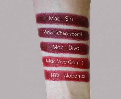 Mac Sin Lipstick, Lipstick Color Palette, Mac Sin, Dark Lipstick Shades, Mac Diva Lipstick, Cherry Lipstick, Deep Red Lips, Mac Retro Matte Lipstick, Lipstick Dark Red