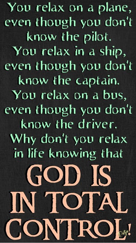 You relax on a plane, even though you don't know the pilot. You relax in a ship, even though you don't know the captain. You relax on a bus, even though you don't know the driver. Why don't you relax in life knowing that GOD IS IN TOTAL CONTROL! Plane Quotes, Control Quotes, Spiritual Thoughts, The Pilot, Verses Quotes, Bible Verses Quotes Inspirational, A Ship, A Plane, Verse Quotes