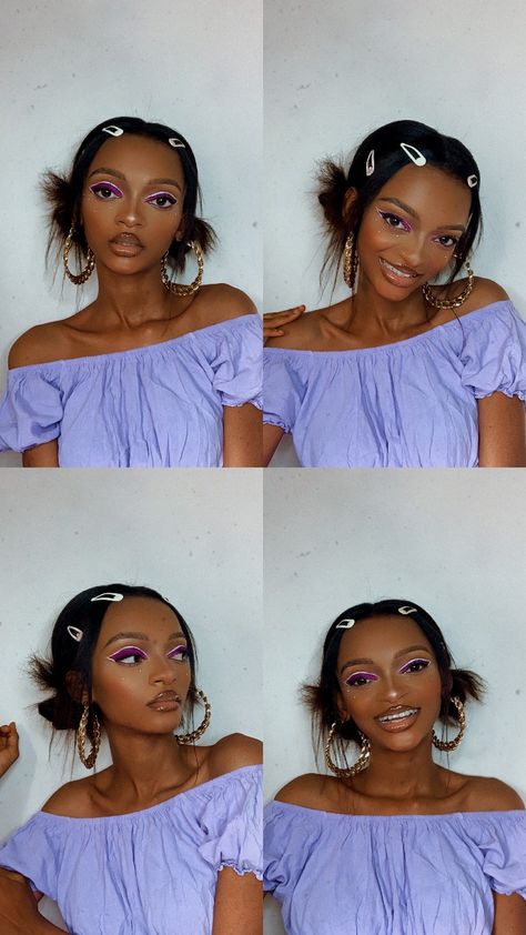 Purple, graphic liner makeup, hair barrettes, snapclips, natural hair, black girl hair Liner Eye Makeup, Purple Aesthetics, Purple Cute, Purple Graphic, Graphic Liner, Off Shoulder Top, Daily Style, Off Shoulder Tops, I Love It