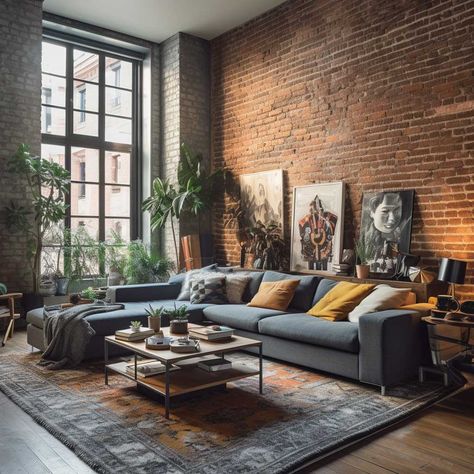 Exposed Brick Walls Living Room, Exposed Brick Apartment, Boho Industrial Living Room, Brick Wall Interior Design, Industrial Living Room Ideas, Brick Interior Design, Industrial Style Interior Design, Brick Wall Living Room, Brick Bedroom