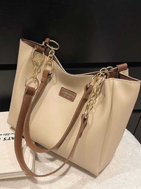 Letter Detail Tote Bag - Women Tote Bags Style: Fashionable,Color: Khaki,Quantity: 1 piece,Strap Type: Double Handle,Pattern Type: Plain,Bag Size: Medium,Type: Shoulder Tote Bag,Material: PU Leather,Composition: 100% Polyurethane attr_name: , Bag Width: 5.1 inch, Bag Height: 9.8 inch, Bag Length: 12.6 inc Handbags For Office Women, Stylish Handbags For Women, Office Fits, 26 December, Lady Dior Handbag, Expensive Bag, Trendy Purses, My Style Bags, Luxury Bags Collection