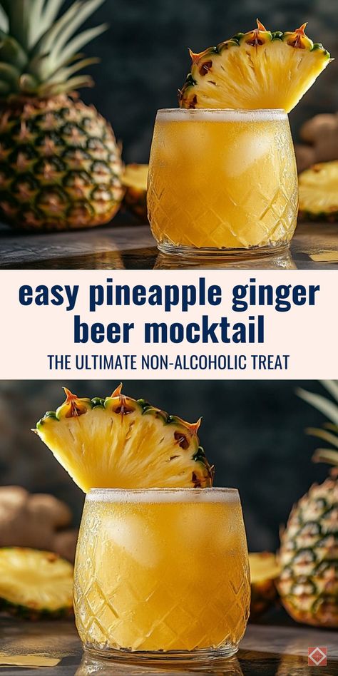 Refresh your day with a pineapple ginger beer mocktail! Simple to make and bursting with tropical flavor, this alcohol-free drink is perfect for entertaining or personal indulgence. Save this pin for a drink recipe that’s light and delicious! Mocktails Ginger Beer Non Alcoholic, Ginger Beer Mock Tail, Ginger Beer Cocktail Non Alcoholic, Mocktail With Ginger Beer, Non Alcoholic Drinks With Ginger Ale, Hawaiian Drinks Non Alcoholic, Pineapple Drinks Alcohol, Ginger Beer Mocktail Non Alcoholic, Ginger Beer Cocktail Recipes