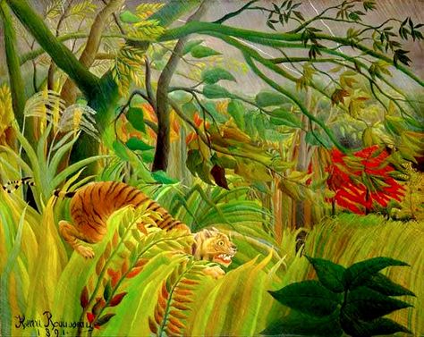 Henri Rousseau – Surprised ! (Tiger in a Tropical Storm) – 1891 – The National Gallery, London Henry Rousseau, Rousseau Paintings, Henri Rousseau Paintings, Rousseau Art, Jungle Painting, Jungle Art, Tropical Storm, Jungle Wallpaper, Guggenheim Museum