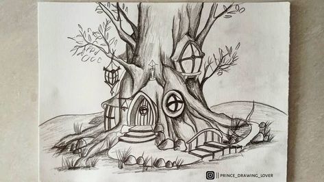 Drawing || Art || Sketch on Instagram: “Video Tutorial Link In Bio . . . Plz... 👇👇 Follow 👇👇 @prince_drawing_lover @prince_drawing_lover @prince_drawing_lover…” Fairy Tree Houses Drawing, Fairy Forest Drawing, House Drawing Ideas, Fairy House Drawing, Drawing Buildings, Tree House Drawing, Mushroom Houses, Forest Drawing, Fairy Tree Houses