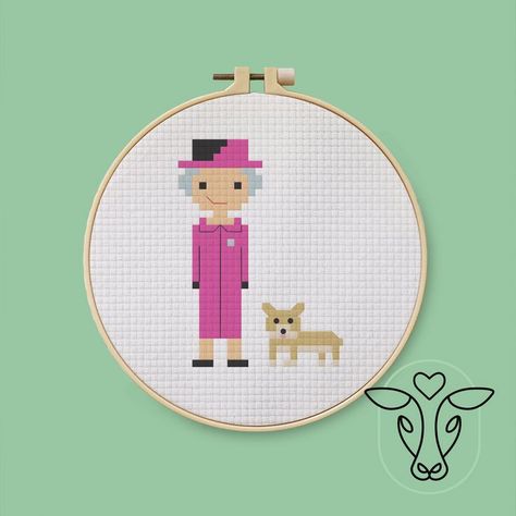 Queen Elizabeth Cross Stitch, Corgi Cross, Stitch People, Stitch Stuff, Stitch Guide, Corgi Dog, Alpha Pattern, Alpha Patterns, Cross Stitching