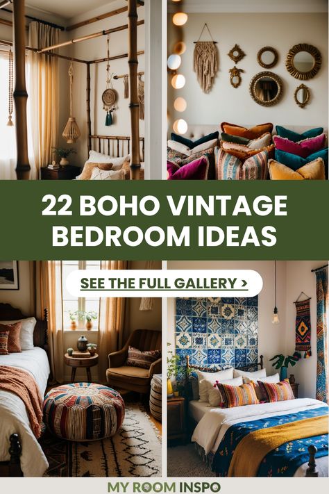 Discover 22 beautiful boho vintage bedroom ideas designed to create a cozy and inviting atmosphere. The pin showcases 4 vibrant images that illustrate unique decor tips and suggest how to beautifully mix styles and patterns. Earthy Boho Dorm Room, Natural Life Room, Botanical Boho Bedroom, Boho Bedroom Jewel Tone, Antique Boho Bedroom, 1970s Bedroom Aesthetic, Bohemian Small Bedroom, Boho Retro Bedroom, 70s Room Ideas