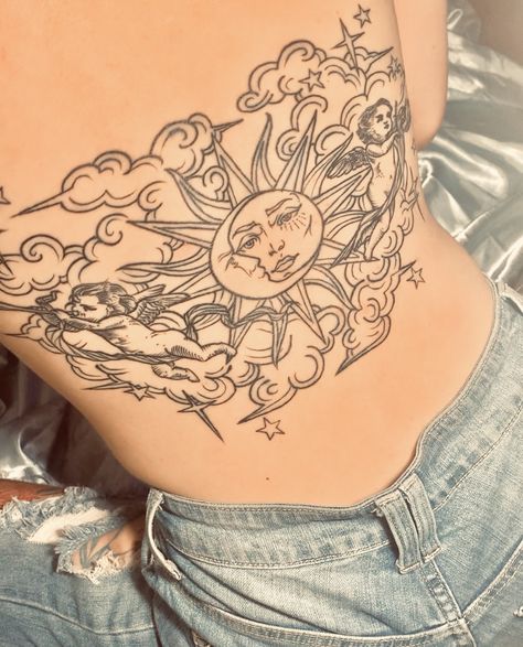 #sunandmoon #tattoo #sunandmoontattoo #backtattoo #tattoostyle #cloudtattoo #clouds #sky Cloud Face Tattoo, Cherub Cloud Tattoo, Cloud Chest Tattoo, Sky Tattoos For Women, Sun Chest Tattoo, Sun And Clouds Tattoo, Sun Moon Tattoo Design, Moon Back Tattoo, Bum Tattoo Women