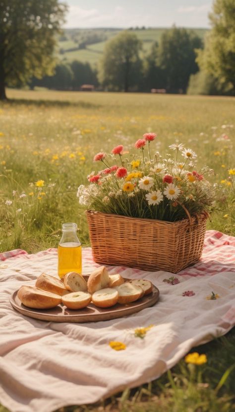 Celebrate the season of renewal with a charming picnic in the great outdoors! Gather your loved ones, pack a flower-filled basket, and bask in the beauty of spring. Picnic Basket Photography, Japandinavian Interior, Flowers In Picnic Basket, Picnic Garden Aesthetic, Flower Garden Picnic, Cottage Core Picnic Aesthetic, Picnic Basket Flower Arrangement, Picnic Basket Flowers, Picnic Basket With Flowers