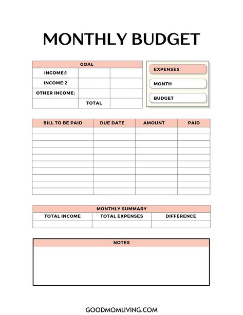 Monthly budget planner template with sections for income, expenses, bills, due dates, amounts, payments, monthly summary, and notes. Free Printable Budget Sheets, Spreadsheet Ideas, Budget Binder Free Printables, Budget Binder Ideas, Budget Binder Free, Saving Jar, Printable Budget Sheets, Travel Budget Planner, Easy Math Activities