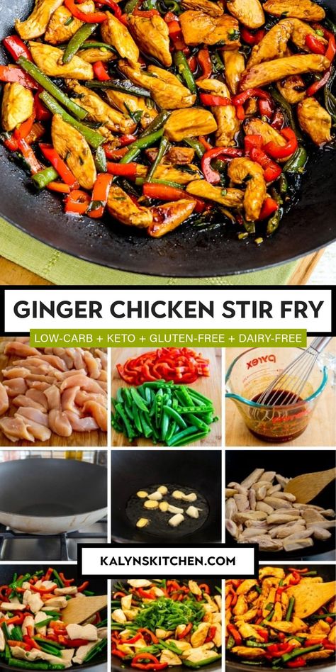 Pinterest image collage for Ginger Chicken Stir Fry showing a wok containing prepared stir fry ready to serve and several smaller photos showing steps in the preparation process. Chicken And Cabbage Stir Fry, Ginger Chicken Stir Fry, Stir Fry Low Carb, Island Recipes, Cabbage Stir Fry, Chicken And Cabbage, Low Carb Chicken Recipes, Ginger Chicken, Carb Dinner