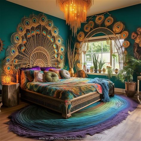 Peacock Bedroom Ideas Decor, Peacock Bedroom Ideas, Boho Room Inspiration, Hippy House, Jewel Tone Bedroom, Bedroom Ideas Decor, Peacock Bedroom, Colorful Boho Bedroom, Bedroom Ideas Hippie