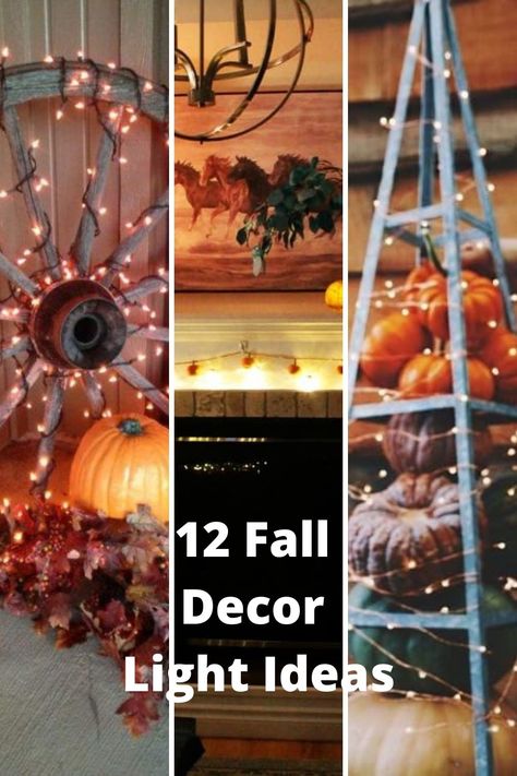 12 Fall decor ideas for adding light to those long Autumn evenings. Fall Outdoor Lighting Ideas, Fall Decor With Lights, Fall Chandelier Decorations, Acorn Lights, Orange String Lights, Chandelier Decorations, Outside Fall Decor, Vintage Fall Decor, Fall Decorating Ideas