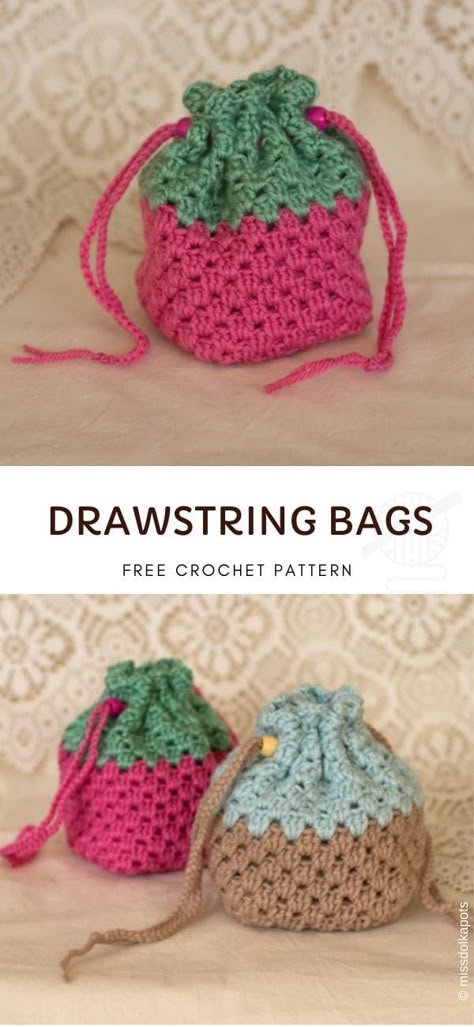 Easy Drawstring Bag - Free Patterns and Ideas - Pattern Center Crochet Drawstring Bags, Crochet Gift Bags, Crochet Drawstring Bag, Drawstring Bag Pattern, Crochet Drawstring, Crochet Purse Pattern Free, Free Crochet Bag, Handbags Patterns, Crochet Bag Pattern Free