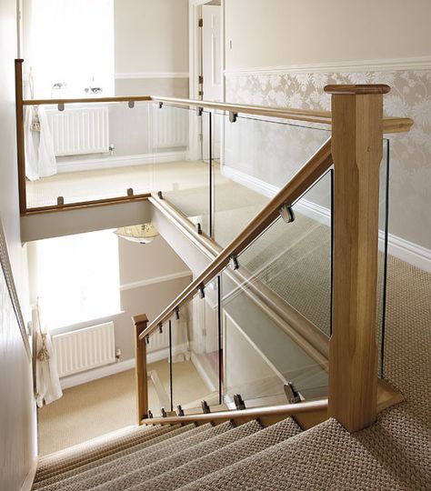 This is the one! Beautiful oak & glass bannister. Stair Renovation, Bespoke Staircases, Stair Banister, Glass Railings, Loft Stairs, Glass Stairs, New Staircase, Glass Staircase, Stair Case