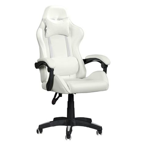 This Office Gaming Chair focuses on ergonomics, design, and functionality. Designed to give a wide range of adjustability that gives gamers the best comfort and support. The high-grade PVC fabric is durable and easy to clean. The smooth-rolling casters and 5-star base offer added stability and greater freedom of movement within your gaming space. The back and neck pillows paired with the molded high-density foam cushion seat are supportive and will keep you in comfort for those long gaming sessi White Gamer Chair, White Gaming Chair, White Rocking Chairs, Office Gaming Chair, Comfortable Desk, Gamer Chair, Gaming Space, Gaming Furniture, Neck Pillows