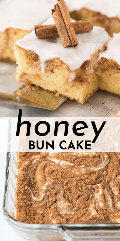 Did you know you can transform a simple yellow cake mix into the most delicious honey bun cake, complete with swirls of honey, cinnamon, and brown sugar? Follow my easy steps to a delicious breakfast cake, plus get more pro tips like my honey measuring hack! Desserts With Honey, Honey Dessert Recipes, Honey Bun Cake Recipe, Bun Cake Recipe, Honeybun Cake, Breakfast Cinnamon, Honey House, Cake Mix Recipe, Honey Bun Cake