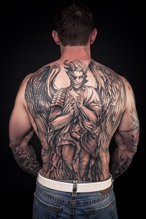 Angel Demon back piece cover up black and grey tattoo Angel Demon Tattoo, Good And Evil Tattoos, Archangel Tattoo, Evil Tattoos, Back Piece Tattoo, Demon Tattoo, Full Back Tattoos, Pieces Tattoo, Angel Tattoo Designs