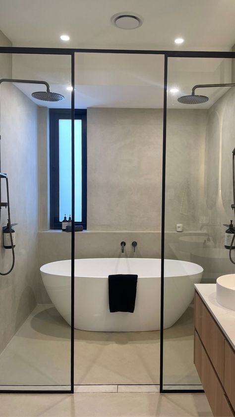 Paddington Bathroom walls and floors in selected microcement finish. Vanity bench top in Smartstone 'Davinci Blanco'. Brushed gunmetal tapware. Gunmetal Tapware, L Design, Eclectic Bathroom, Bathroom Tapware, Bathroom Walls, Bathroom Top, Bathroom Design Luxury, Bathroom Inspo, Park Lane