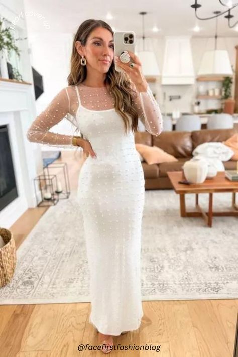 White Pearl Cover Up. Romantic Honeymoon Outfits. Romantic Honeymoon Outfits, Bridal Shower Dress Ideas, Bachelorette Outfit For Bride, Bridal Shower Bride Outfit, Wedding Shower Outfit, White Bachelorette Party Outfit, Wedding Shower Dress, Shower Dress For Bride, White Bridal Shower Dress