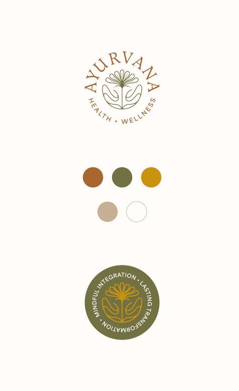 Nature inspired Logo & Brand Design for Ayurvana Health + Wellness by Perspektiiv Design Co. (Brand inspiration, brand inspo, health and wellness design, holistic design, mindful integration design modern logo, neutral tone logo, custom brand mark, modern typography, modern type, typography inspiration, color palette, modern natural color palette, graphic designer, brand studio, brand identity, pnw design studio, Portland brand design studio) Wellness Logos, Color Palette Modern, Studio Brand Identity, Holistic Design, Natural Color Palette, Logo Design Set, Brand Mark, Nature Color Palette, Brand Studio