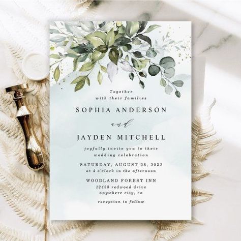 Wedding Foliage, Succulent Wedding Invitations, Blue Eucalyptus, Splash Design, Dusty Blue Wedding, Wedding Products, Garden Wedding Invitations, Garden Watercolor, Watercolor Greenery