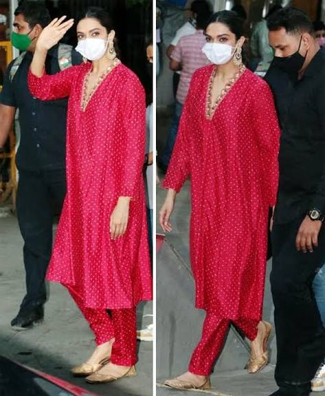 Deepika Padukone Looks Drop Dead Gorgeous in a Red Suit by Sabyasachi as She Visits Siddhivinayak Temple - See Pics Deepika Padukone In Kurti Outfit, Deepika Padukone In Suit, Sabyasachi Suits Salwar Kameez 2022, Deepika Padukone In Salwar Suit, Deepika Padukone Kurta Style, Deepika Padukone Salwar Suits, Celebrity Suits Women Indian, Deepika Padukone Suits, Deepika Padukone Kurti