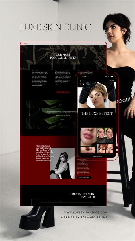 screenshot of a medical spa website individual pages with dark/moody aesthetic Esthetics Website Design, Esthetician Website Design, Dark Website Design, Spa Website Design, Esthetician Website, Salon Advertising Ideas, Website Layout Design, Luxury Website Design, Dark Website