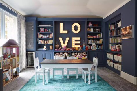 Playroom With Dining Table, Dark Blue Playroom, Dinning Room Playroom Combo, Sitting Room Playroom Combo, Vaulted Playroom, 2023 Playroom, Teal Playroom, Dining Room Playroom Combo, Dining Room Playroom