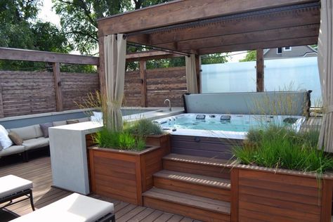 A serene urban getaway, this gorgeous rooftop deck features ipe decking, a built-in hot tub, cedar pergola, outdoor bar and a chic fire pit seating area. Gorgeous Decks, Building Patio, Whirlpool Deck, Hot Tub Deck Design, Hot Tub Landscaping, Ipe Decking, Hot Tub Patio, Hot Tub Designs, Outdoor Hot Tub