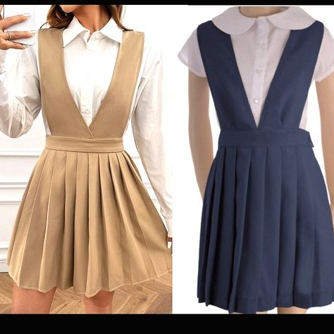 Really Nice Cream And Navy Blue V Neck Pleated Side Zip And Button Close School Jumper From French Terry! Can Seperate. Size 18 1/2 New With Tags! 100% Polyester Pit To Pit Open Waist 15" Hips 28" Skirt Length 22" Total Length 37" C4498 Bee Costumes, Grey Jumper Dress, School Uniform Dress, Uniform Outfits, Black Spaghetti Strap Dress, School Uniform Outfits, Corduroy Overall Dress, Peter Pan Collar Dress, Spelling Bee