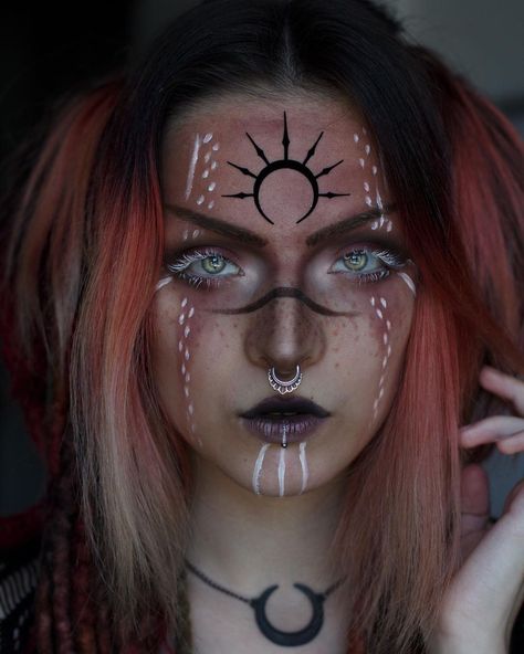 Coven Witch Makeup, Witchy Aesthetic Makeup, Creepy Pirate Makeup, Pagan Wedding Makeup, Halloween Costumes Witches Women's, Witchy Face Paint, Kid Friendly Halloween Makeup, Norse Pagan Makeup, Nordic Witch Makeup