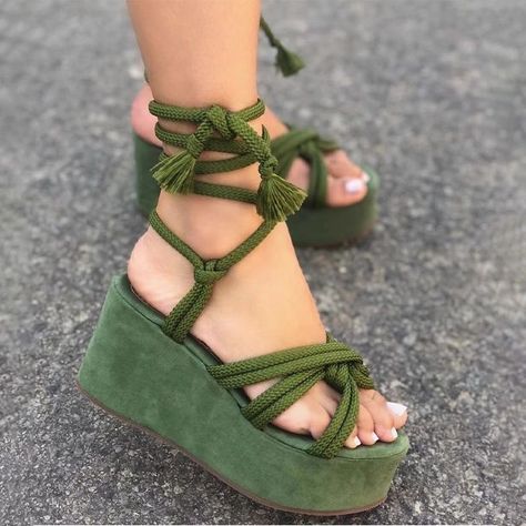 Trendy Lace-up Platform Sandals, Green Chunky Platform Sandals With Round Toe, Trendy Lace-up Platform Wedge Sandals, Trendy Platform Lace-up Sandals, Green Ankle Strap Wedge Sandals With Platform, Green Open Toe Lace-up Beach Sandals, Lace-up Platform Wedge Sandals, Green Open Toe Lace-up Sandals For Beach, Trendy Green Open Toe Wedge Sandals