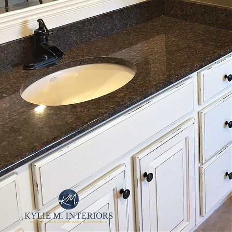 How to Update Your Older Granite Countertops - Kylie M Interiors Black Counter In Bathroom, Black Brown Granite Countertops Kitchen, Baltic Brown Granite Bathroom, Brown Granite Countertops Bathroom, Black Granite Countertops Bathroom, Granite Laminate Countertops, Master Restroom, Dark Brown Bathroom, Tan Brown Granite